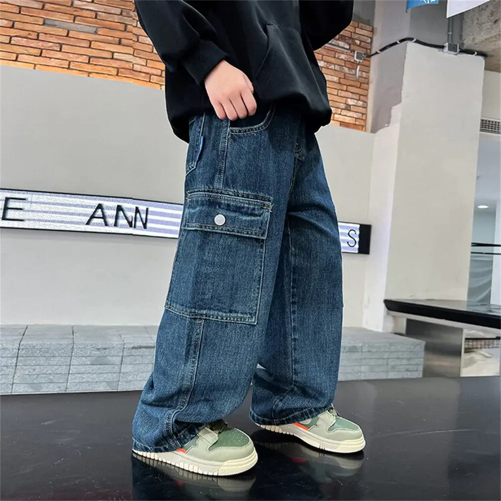 KZ3467 Korean Boys’ Jeans Version Of Boys Wide Leg Pants Boys’ Jeans Children’s Side Pockets Kid Denim Cargo Pants