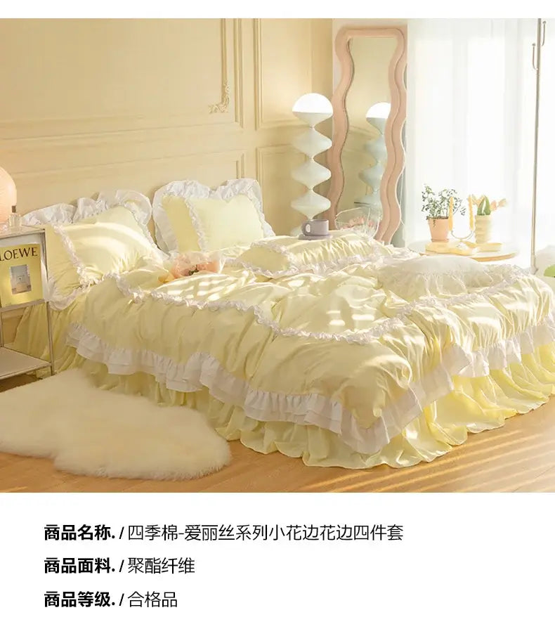 Korean Ins Bedding Set Luxury Quilt Cover Pillowcase Flat Bed Sheets Simple Girl Princess Ruffle Home Textiles