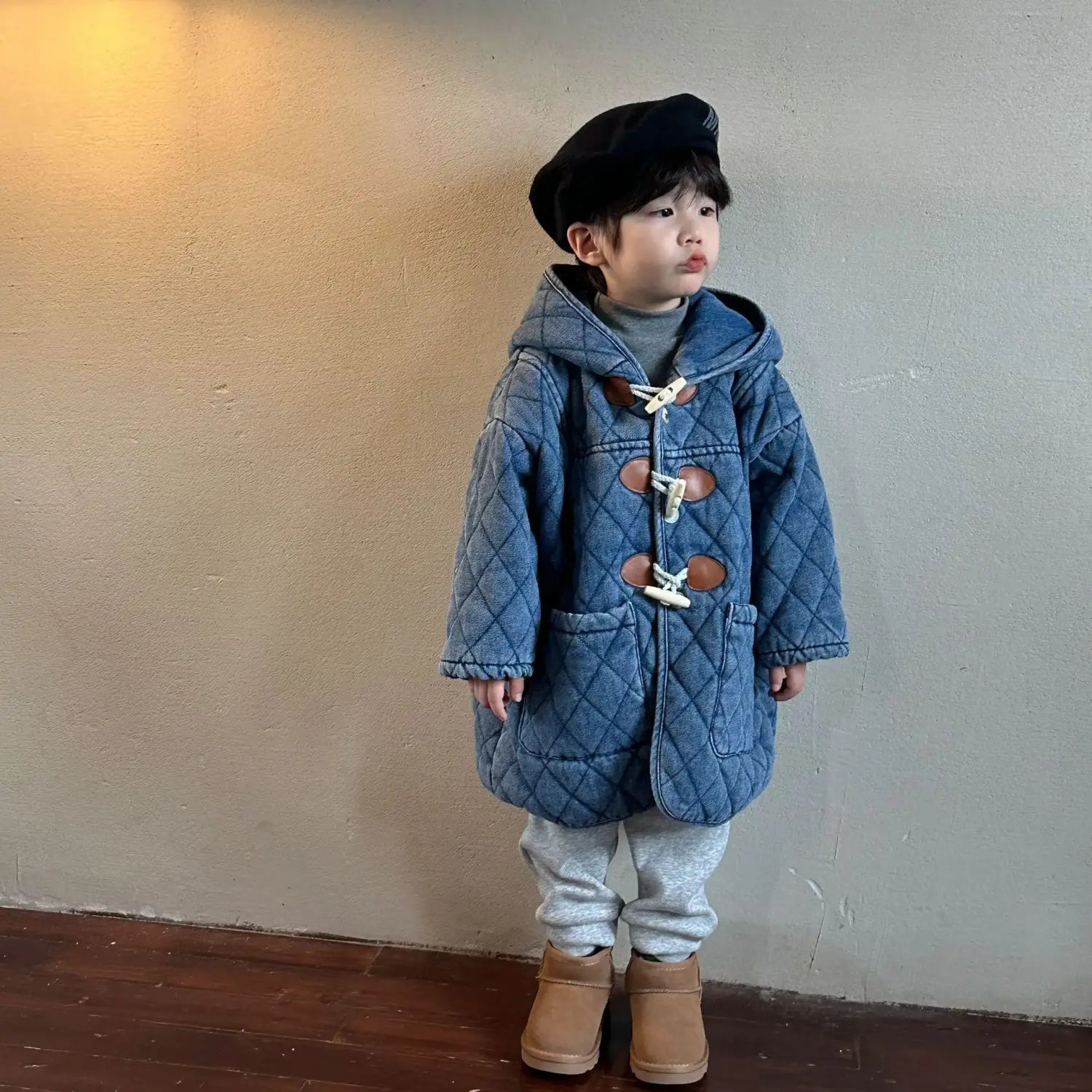 Winter Childrens Boys Denim Cotton Jacket Thickened Fleece Warm Baby Boys Parkas Horn Button Hooded Kids Boys Outerwears