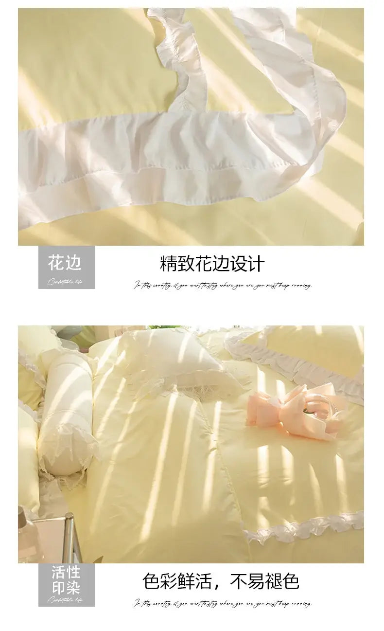 Korean Ins Bedding Set Luxury Quilt Cover Pillowcase Flat Bed Sheets Simple Girl Princess Ruffle Home Textiles