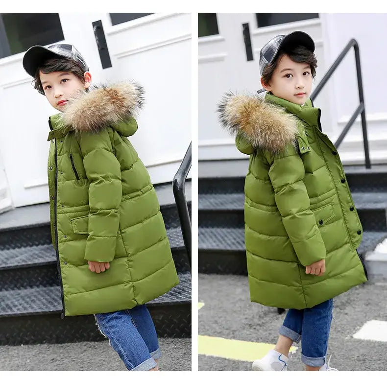 OLEKID 2024 Winter Children Down Jacket For Boys Warm Real Raccoon Fur Hooded Long Boys Outerwear Coat 2-12 Years Kids