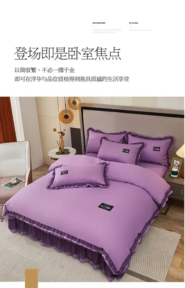 Korean Ins Bedding Set Luxury Quilt Cover Pillowcase Flat Bed Sheets Simple Girl Princess Cotton Home Textiles