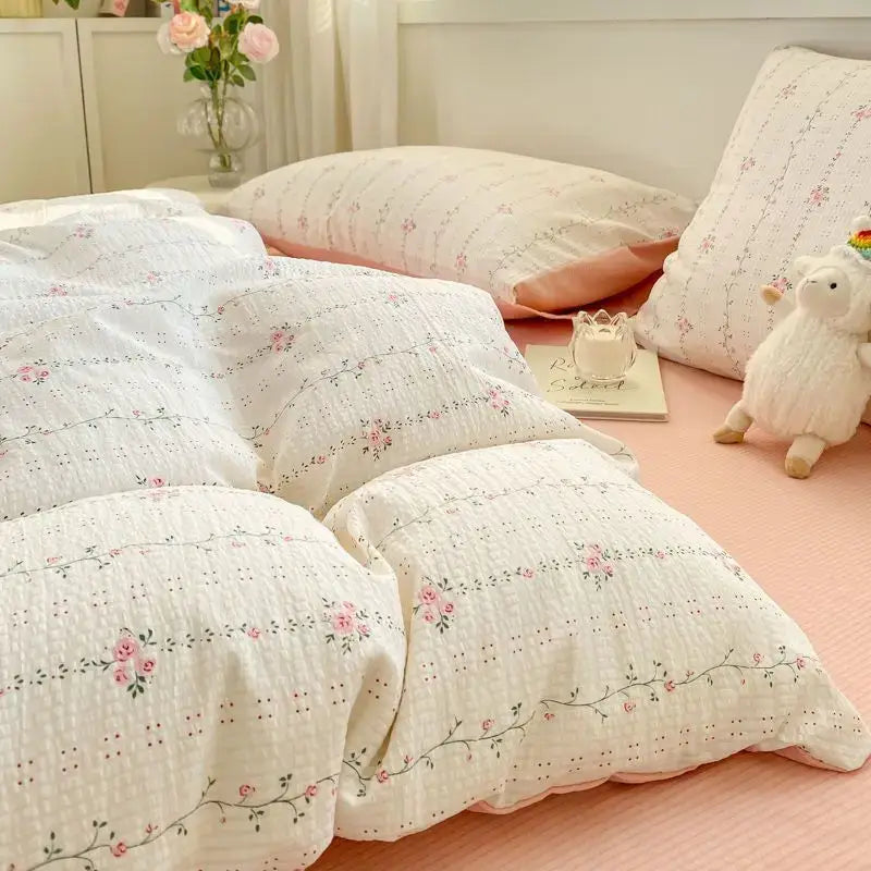 Korean Style Green Heart Bedding Set Girls INS Pink Floral Duvet Cover Flat Sheet Pillowcase Bed Linens Fashion Home