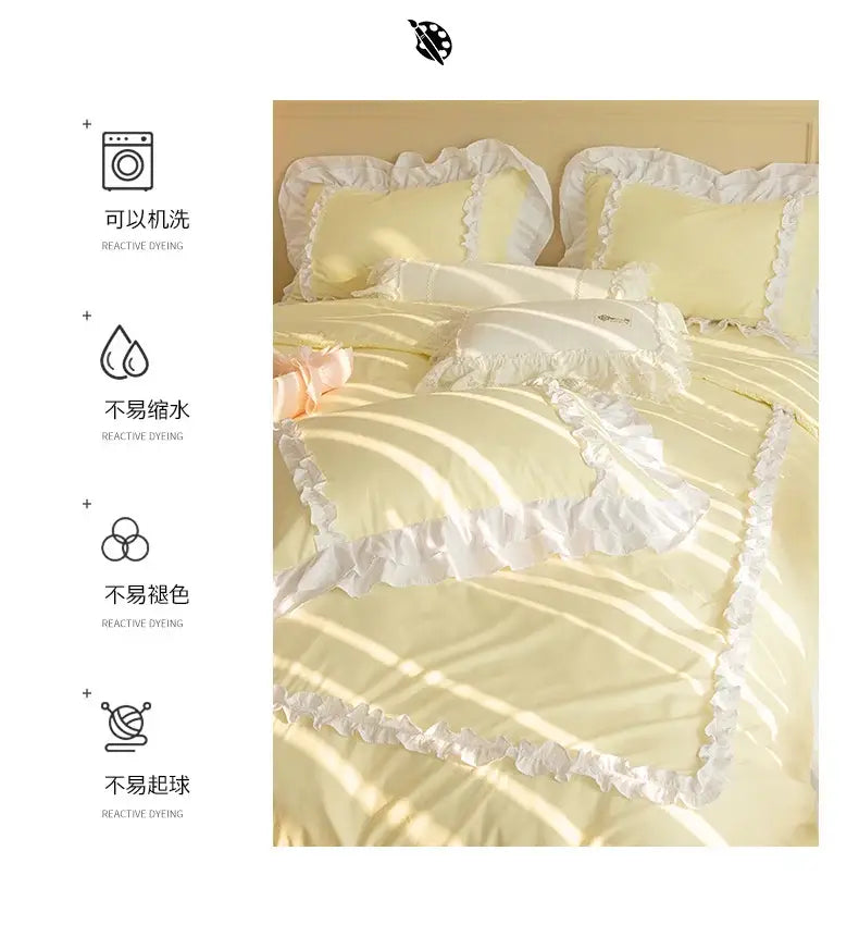 Korean Ins Bedding Set Luxury Quilt Cover Pillowcase Flat Bed Sheets Simple Girl Princess Ruffle Home Textiles