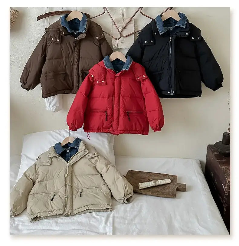 Winter Toddler Girl Down Jackets Solid Thicken Warm Denim Fake Two Piece Snowwear Coat Zipper Hooded Children Girl