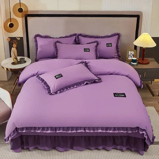 Korean Ins Bedding Set Luxury Quilt Cover Pillowcase Flat Bed Sheets Simple Girl Princess Cotton Home Textiles