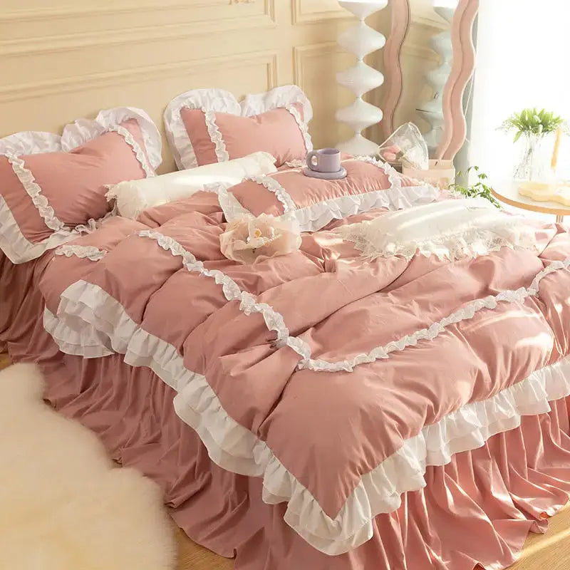 Korean Ins Bedding Set Luxury Quilt Cover Pillowcase Flat Bed Sheets Simple Girl Princess Ruffle Home Textiles - 1