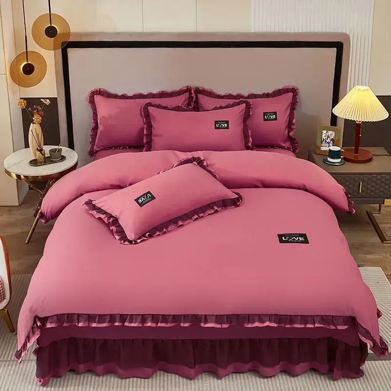 Korean Ins Bedding Set Luxury Quilt Cover Pillowcase Flat Bed Sheets Simple Girl Princess Cotton Home Textiles