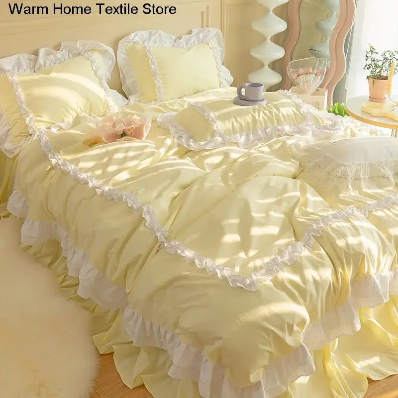 Korean Ins Bedding Set Luxury Quilt Cover Pillowcase Flat Bed Sheets Simple Girl Princess Ruffle Home Textiles