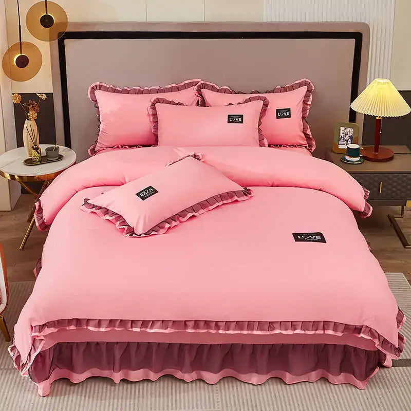 Korean Ins Bedding Set Luxury Quilt Cover Pillowcase Flat Bed Sheets Simple Girl Princess Cotton Home Textiles