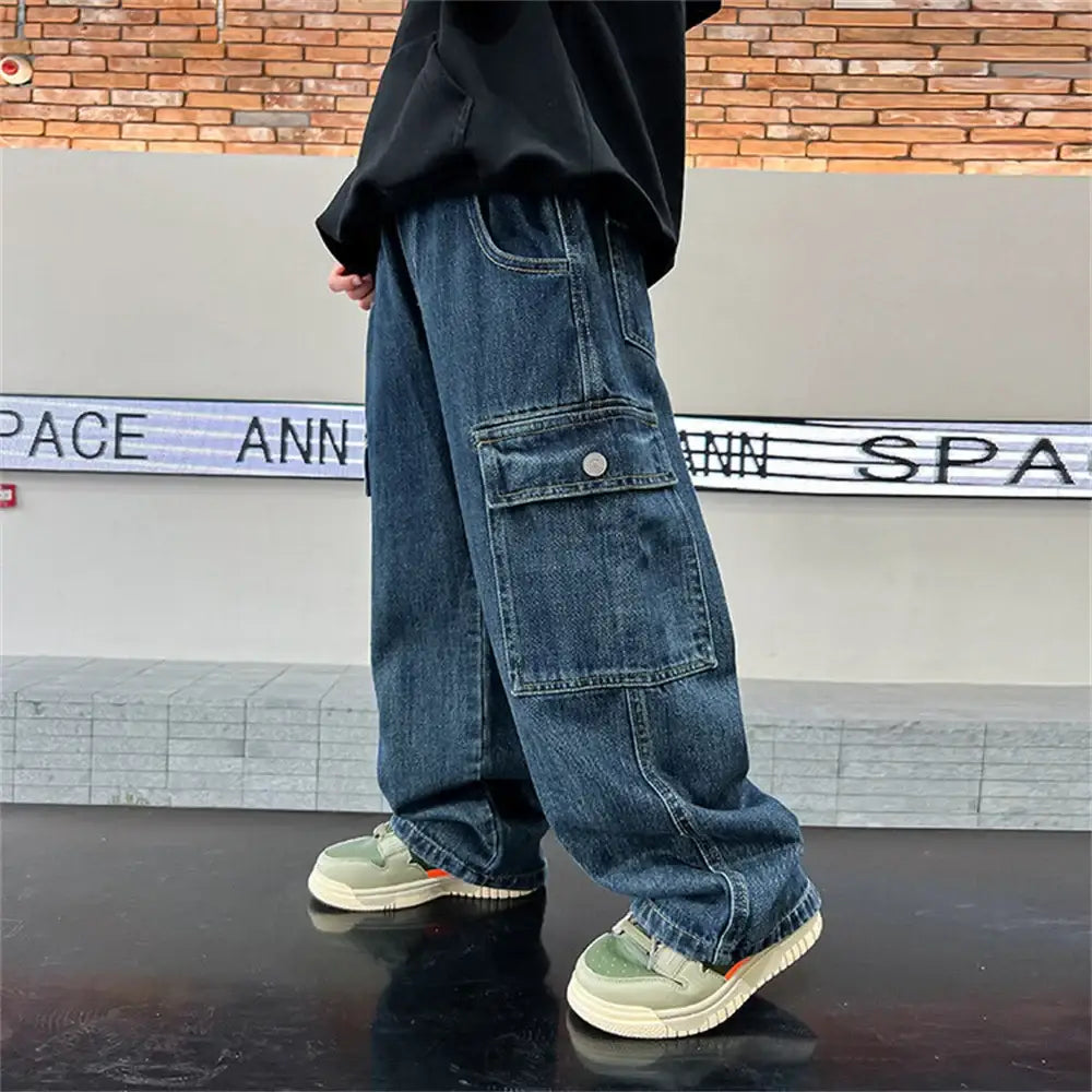 KZ3467 Korean Boys’ Jeans Version Of Boys Wide Leg Pants Boys’ Jeans Children’s Side Pockets Kid Denim Cargo Pants