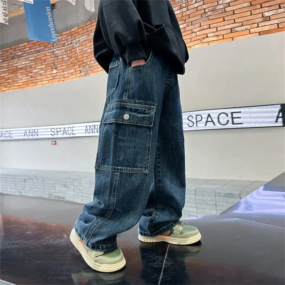 KZ3467 Korean Boys’ Jeans Version Of Boys Wide Leg Pants Boys’ Jeans Children’s Side Pockets Kid Denim Cargo Pants