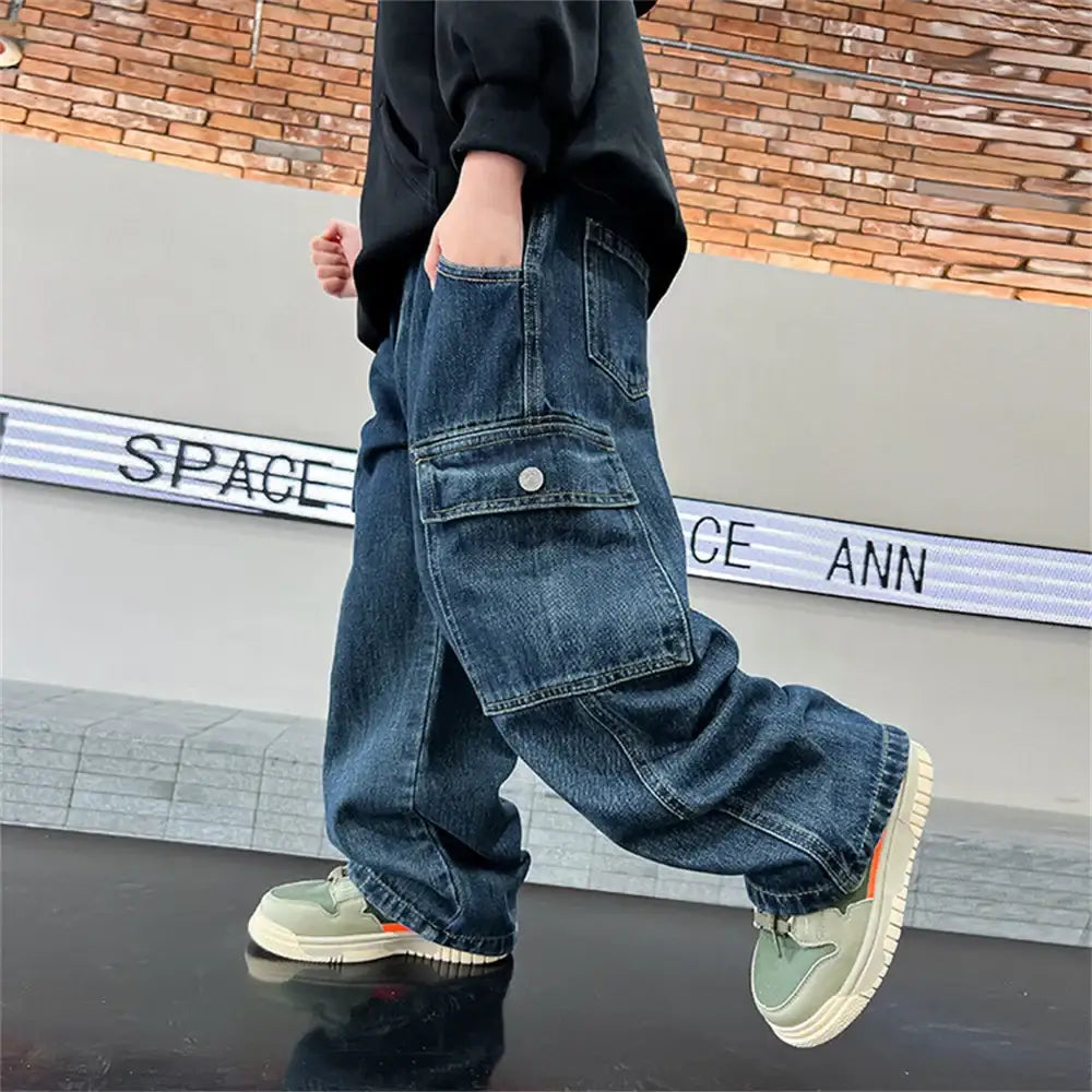 KZ3467 Korean Boys’ Jeans Version Of Boys Wide Leg Pants Boys’ Jeans Children’s Side Pockets Kid Denim Cargo Pants