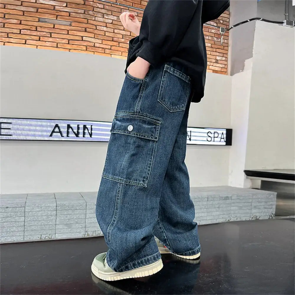 KZ3467 Korean Boys’ Jeans Version Of Boys Wide Leg Pants Boys’ Jeans Children’s Side Pockets Kid Denim Cargo Pants