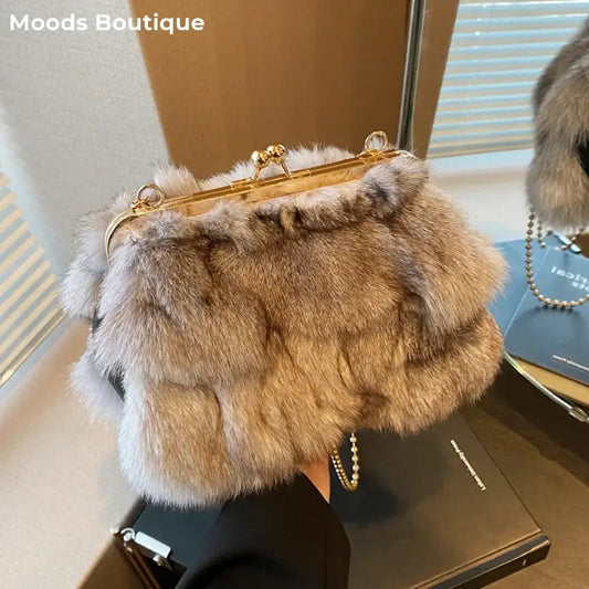 MOODS Soft Plush Evening Bags For Elegant Women Fox Fur Dinner Party Clutch Chain Crossbody Winter Warm Luxury Designer