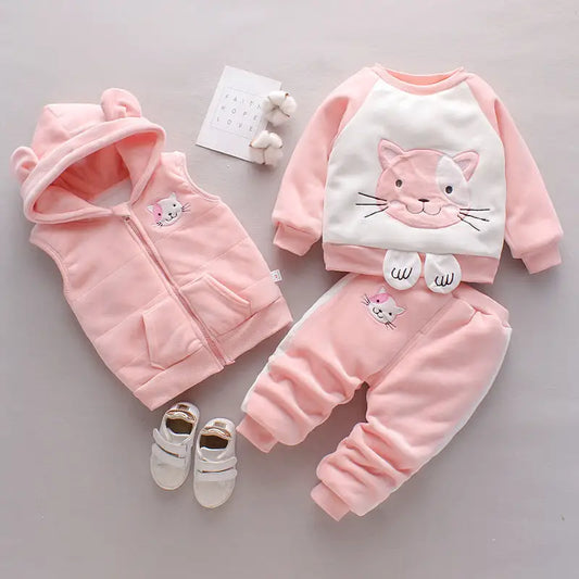 New Children’s Clothing Winter Clothes For Boys Baby Thickening Three-piece Set - Cat Pink / 100cm - Children’s