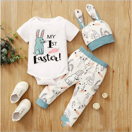 New Easter Print Rabbit Romper Three Piece 2 Colors - Light Blue / 100cm - Baby Autumn Clothing