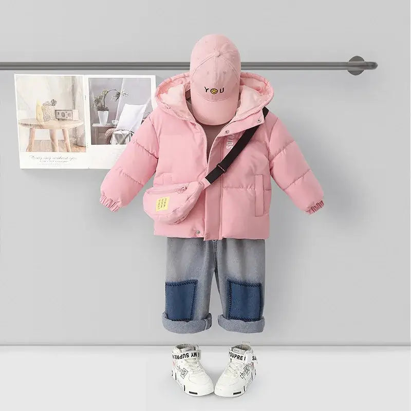 New Winter Boys Girls Jacket Thick Keep Warm Lining With Velvet Hooded Heavy Coat For Kids Children Outerwear Send Bag