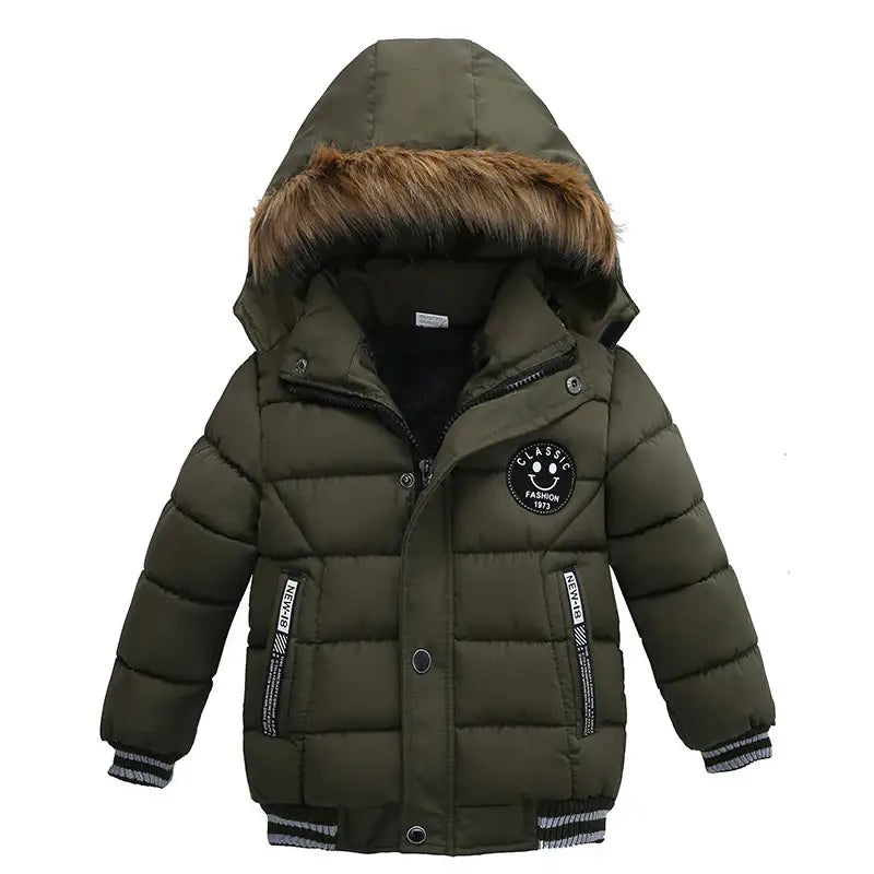 New Winter Boys Jacket Warm Fur Collar Fashion Baby Girls Coat Hooded Zipper Outerwear Birthday Gift 1-6 Years Kids