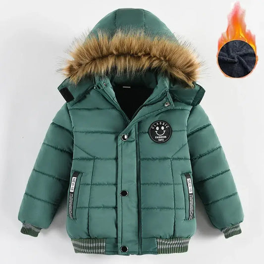 New Winter Boys Jacket Warm Fur Collar Fashion Baby Girls Coat Hooded Zipper Outerwear Birthday Gift 1-6 Years Kids