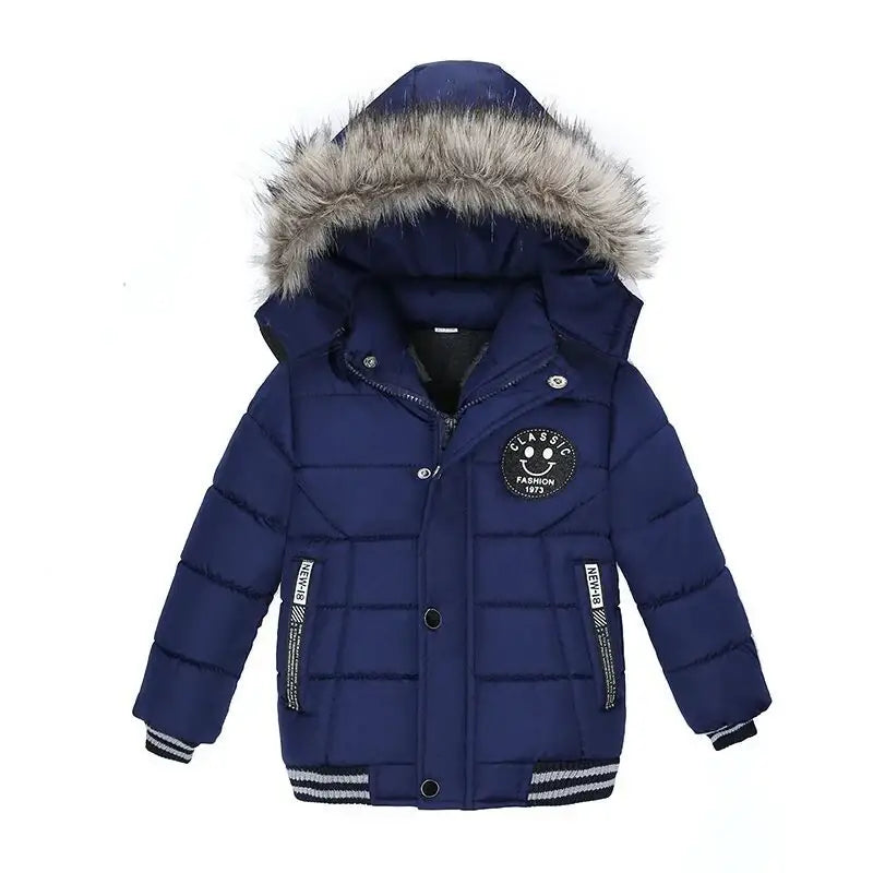 New Winter Boys Jacket Warm Fur Collar Fashion Baby Girls Coat Hooded Zipper Outerwear Birthday Gift 1-6 Years Kids