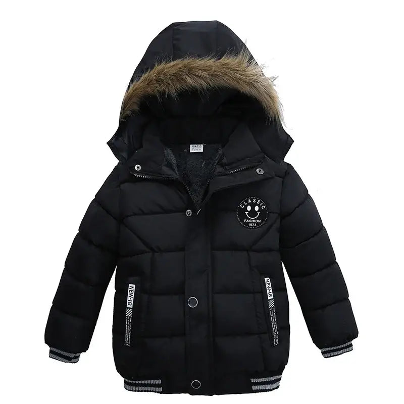 New Winter Boys Jacket Warm Fur Collar Fashion Baby Girls Coat Hooded Zipper Outerwear Birthday Gift 1-6 Years Kids