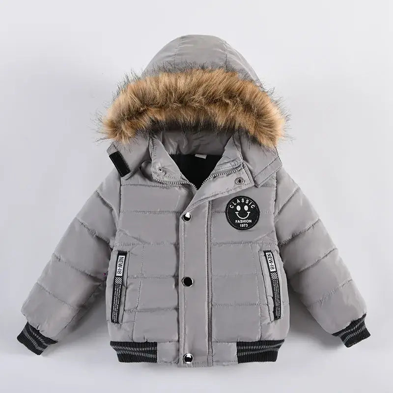 New Winter Boys Jacket Warm Fur Collar Fashion Baby Girls Coat Hooded Zipper Outerwear Birthday Gift 1-6 Years Kids