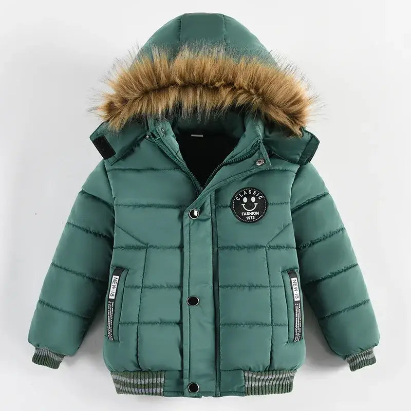 New Winter Boys Jacket Warm Fur Collar Fashion Baby Girls Coat Hooded Zipper Outerwear Birthday Gift 1-6 Years Kids