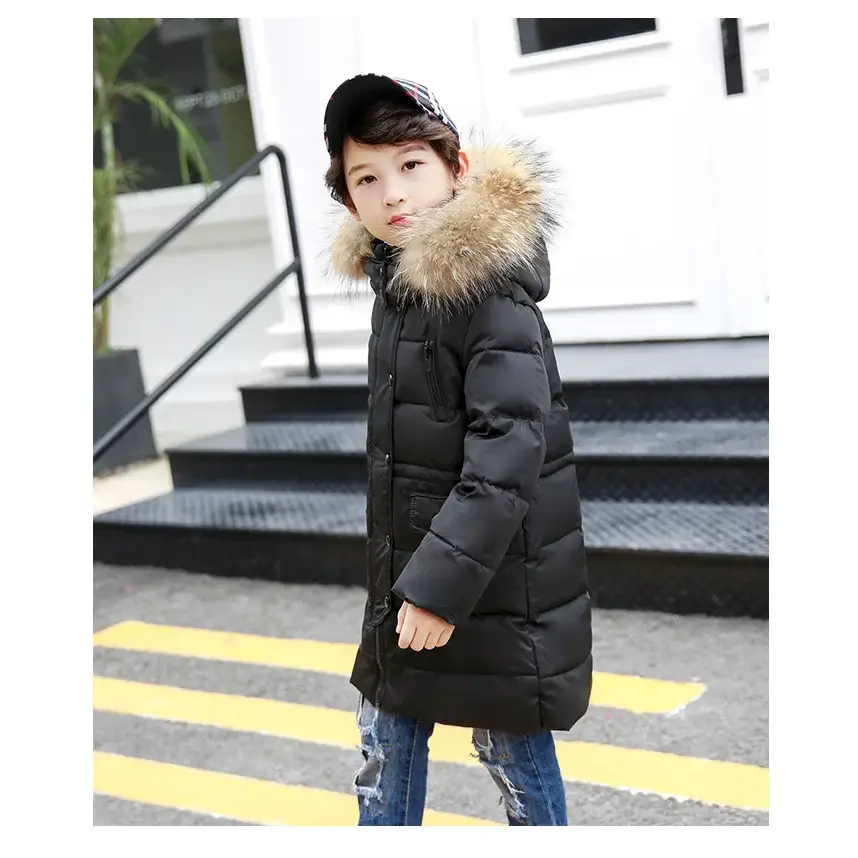 OLEKID 2024 Winter Children Down Jacket For Boys Warm Real Raccoon Fur Hooded Long Boys Outerwear Coat 2-12 Years Kids