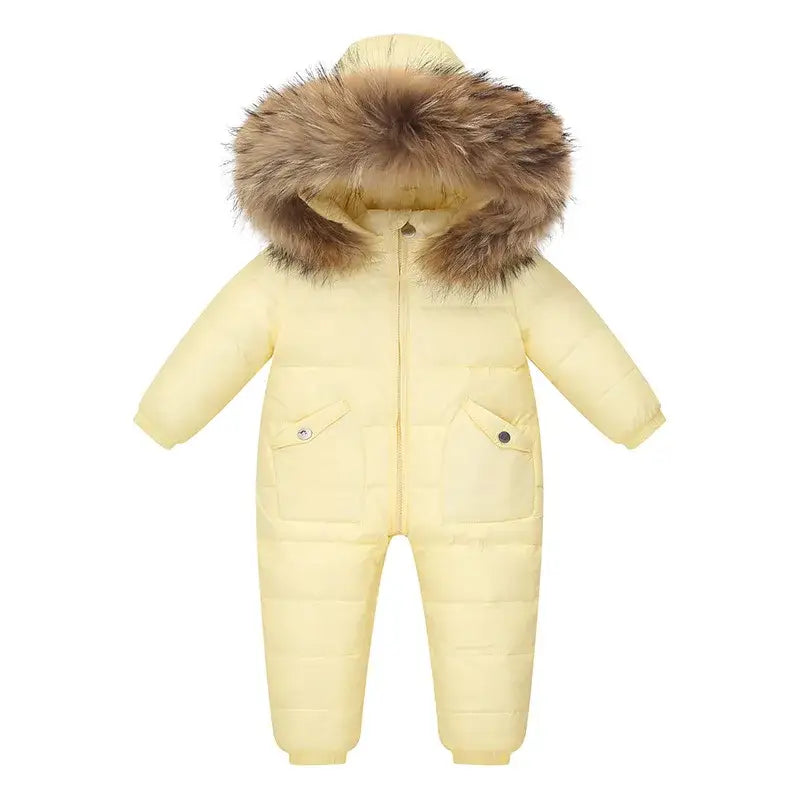 OLEKID 2024 Winter Kids Jumpsuit Hooded Real Raccoon Fur Children Girl Winter Overalls 1-5 Year Infant Baby Boy Romper