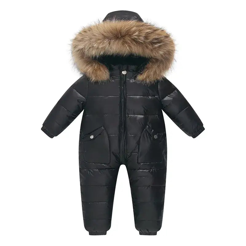 OLEKID 2024 Winter Kids Jumpsuit Hooded Real Raccoon Fur Children Girl Winter Overalls 1-5 Year Infant Baby Boy Romper