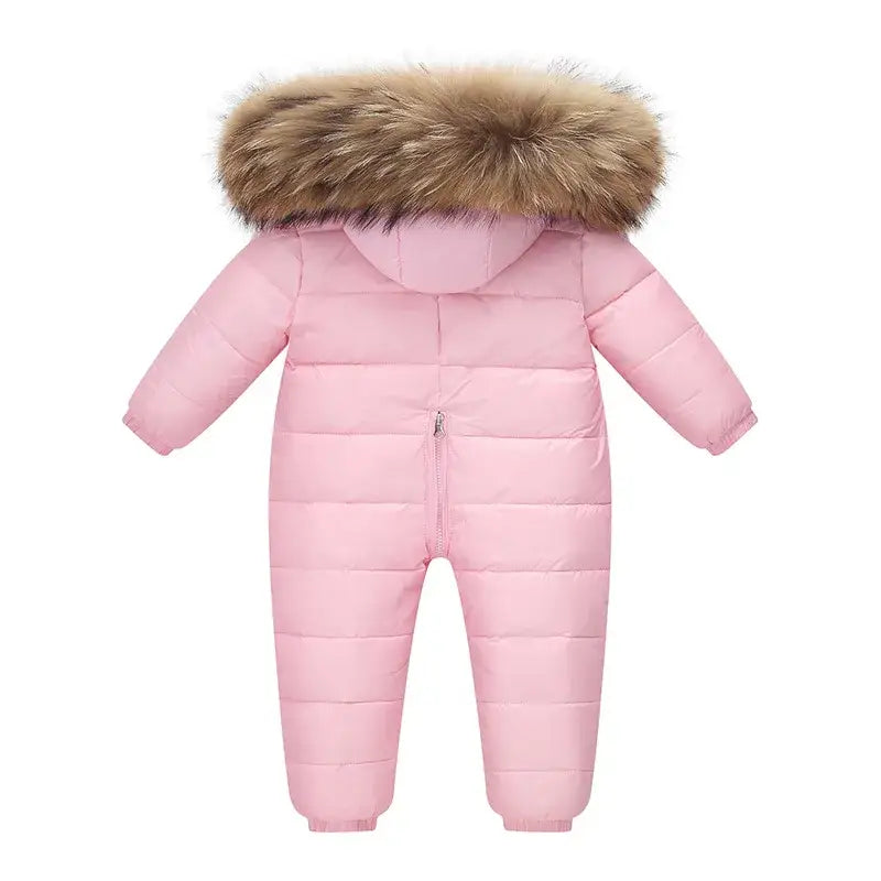 OLEKID 2024 Winter Kids Jumpsuit Hooded Real Raccoon Fur Children Girl Winter Overalls 1-5 Year Infant Baby Boy Romper