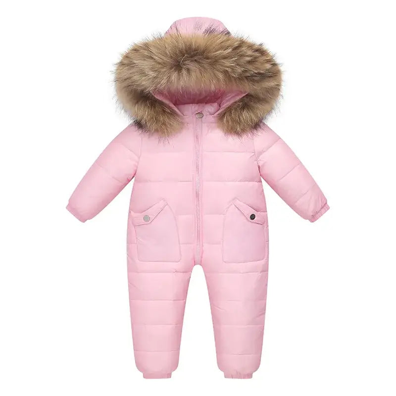 OLEKID 2024 Winter Kids Jumpsuit Hooded Real Raccoon Fur Children Girl Winter Overalls 1-5 Year Infant Baby Boy Romper