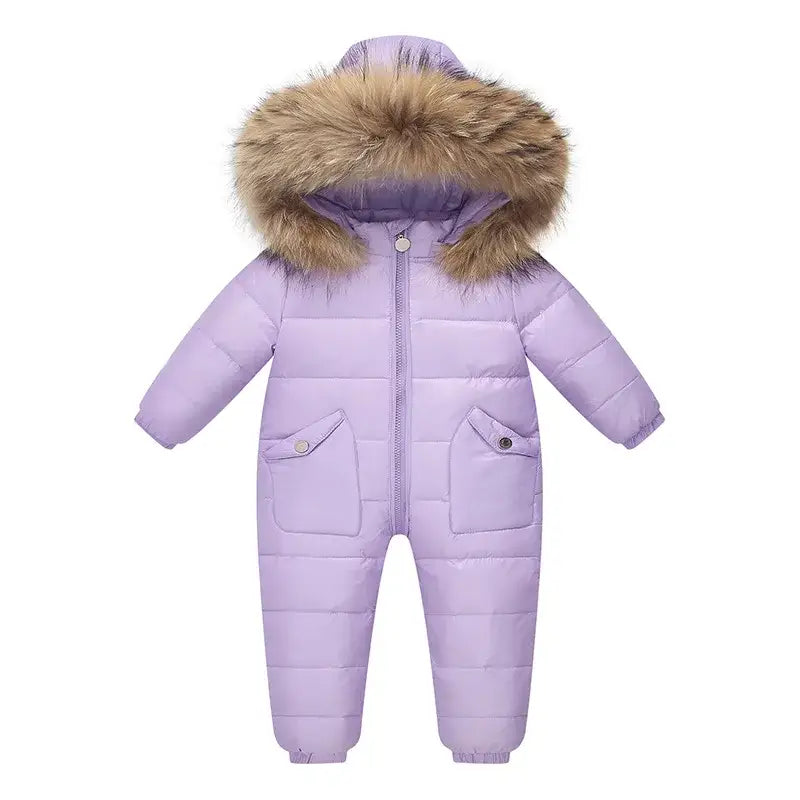 OLEKID 2024 Winter Kids Jumpsuit Hooded Real Raccoon Fur Children Girl Winter Overalls 1-5 Year Infant Baby Boy Romper