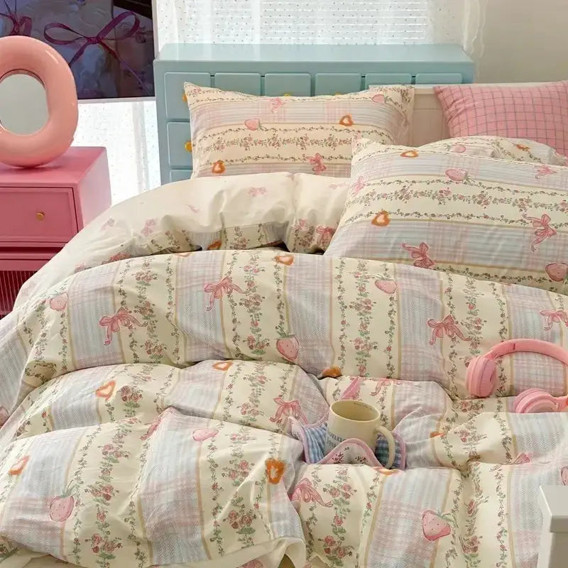 Pink Strawberry Bedding Set Soft 3/4pcs Bed Sheet Flower Duvet Cover Pillowcase Double Queen Home Textiles For Child