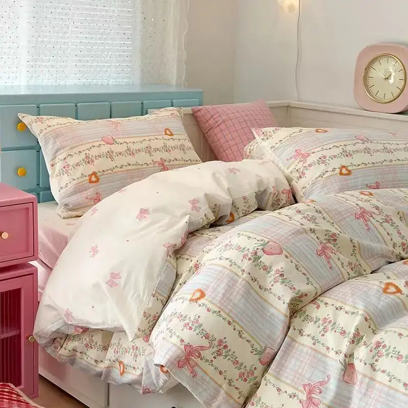 Pink Strawberry Bedding Set Soft 3/4pcs Bed Sheet Flower Duvet Cover Pillowcase Double Queen Home Textiles For Child