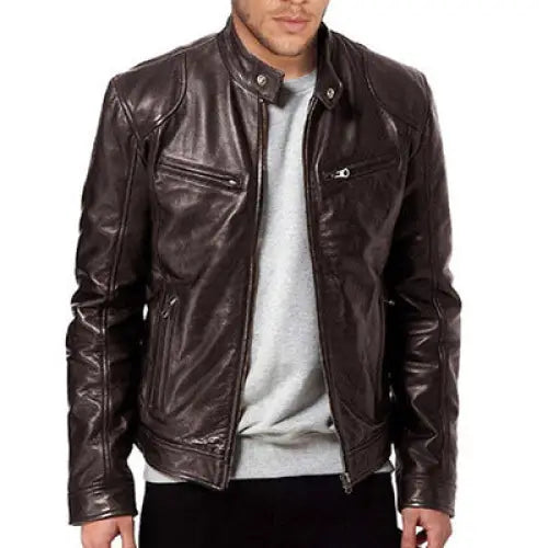 PU Leather Jacket Slim Leather Jacket - Brown / 3XL - Men’s jackets