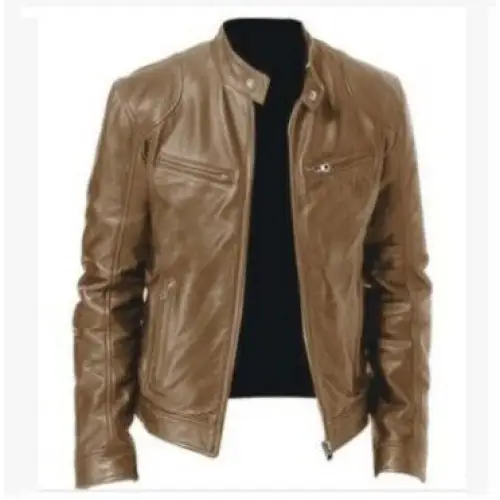 PU Leather Jacket Slim Leather Jacket - Khaki / 2XL - Men’s jackets