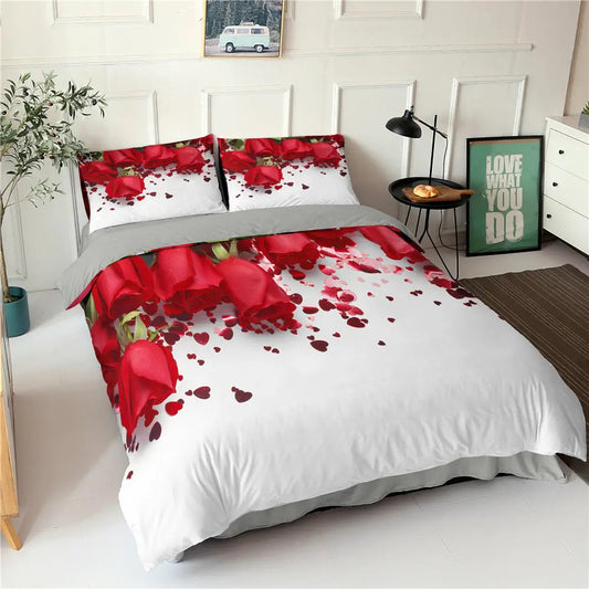 Rose Flower Series Three-piece Bedding Digital Printing Flower Bed Linen Pillowcase - White red / 135x200cm - Home