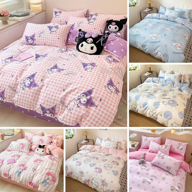 Sanrio Bedding Set Hello Kitty Kuromi My Melody Cinnamoroll 100% cotton Duvet Cover Bed Sheet Pillowcase King Queen