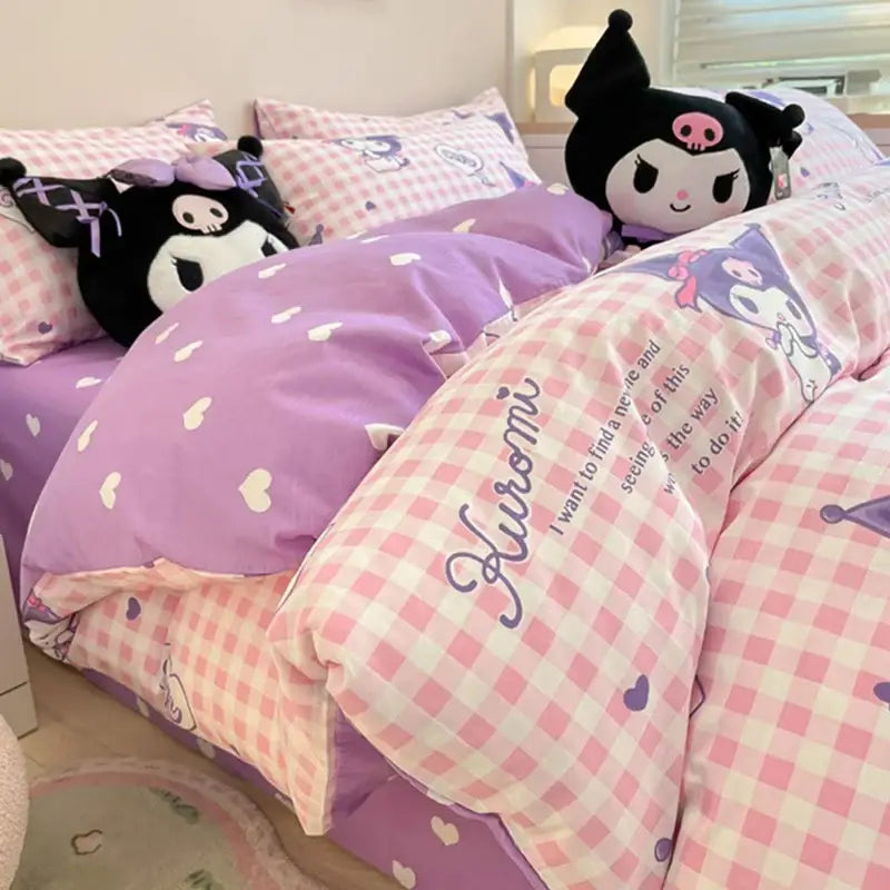 Sanrio Bedding Set Hello Kitty Kuromi My Melody Cinnamoroll 100% cotton Duvet Cover Bed Sheet Pillowcase King Queen