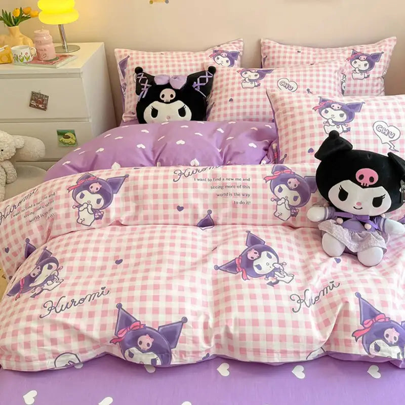 Sanrio Bedding Set Hello Kitty Kuromi My Melody Cinnamoroll 100% cotton Duvet Cover Bed Sheet Pillowcase King Queen