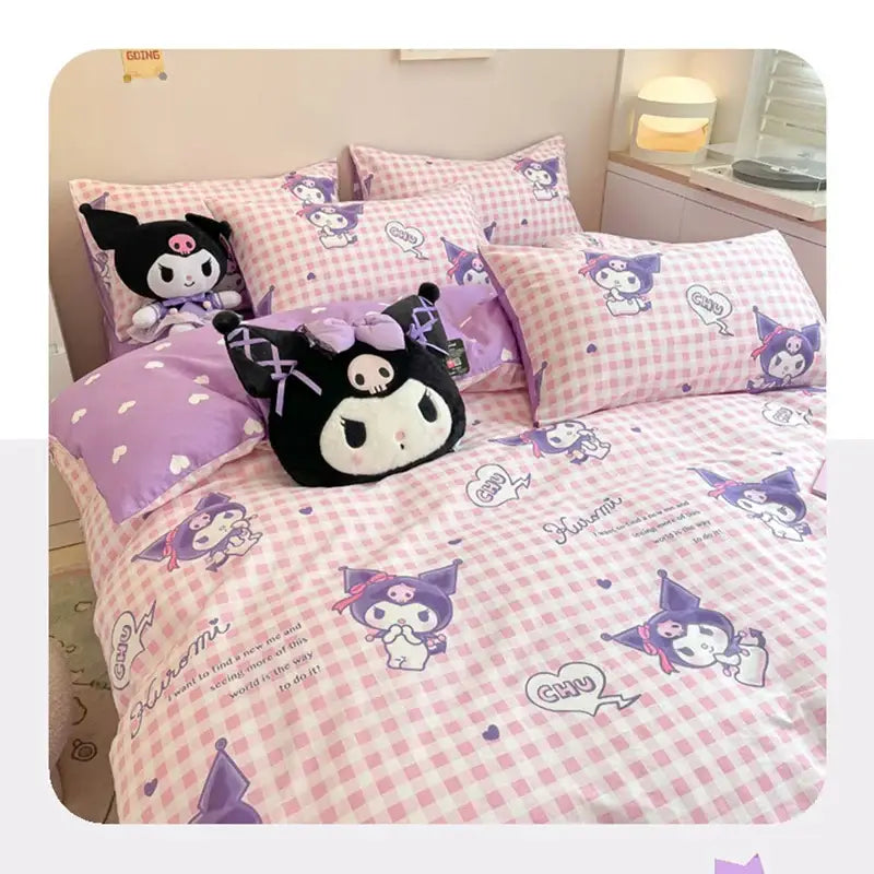 Sanrio Bedding Set Hello Kitty Kuromi My Melody Cinnamoroll 100% cotton Duvet Cover Bed Sheet Pillowcase King Queen