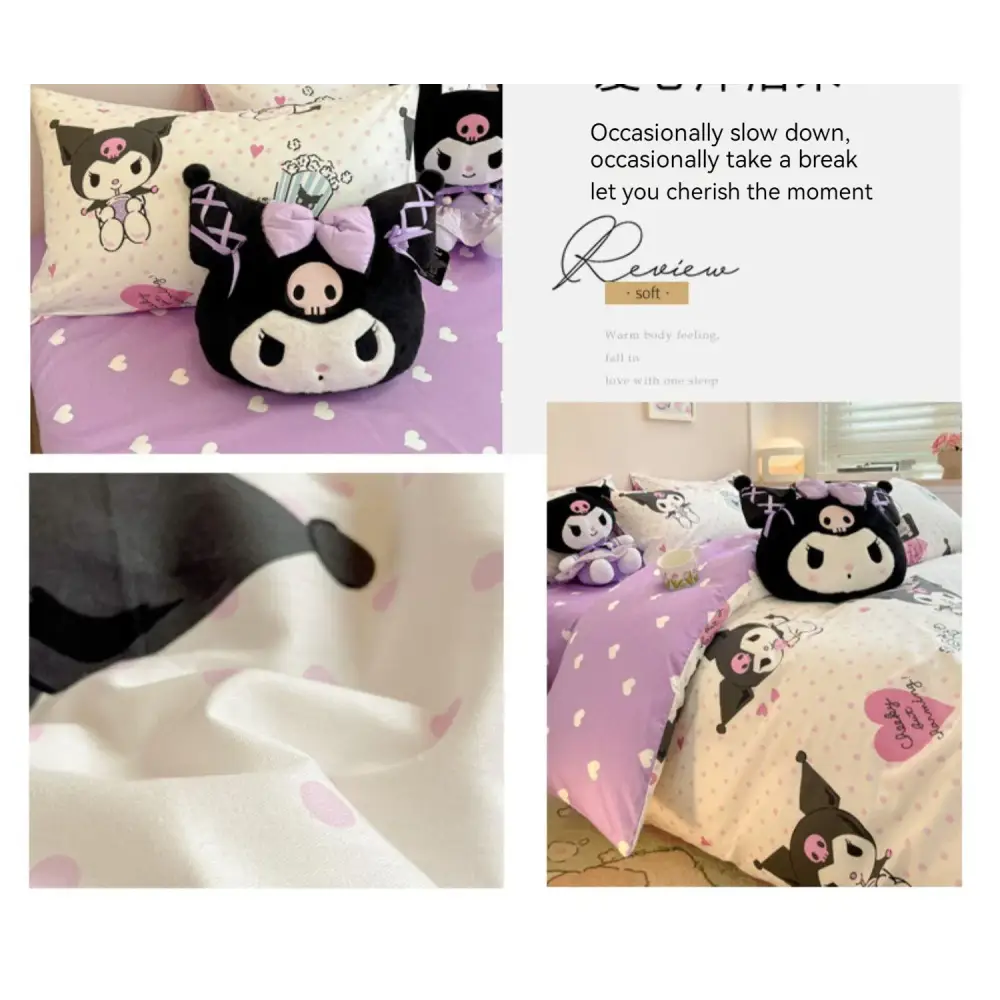 Sanrio Bedding Set Hello Kitty Kuromi My Melody Cinnamoroll 100% cotton Duvet Cover Bed Sheet Pillowcase King Queen