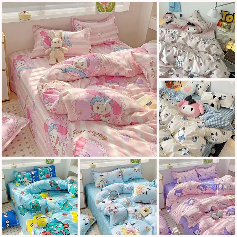 Sanrio Cotton Bedding Set Hello Kitty Pachacco Kuromi Sheet Duvet Cover Pillowcase King Queen Full Size Bedclothes Home