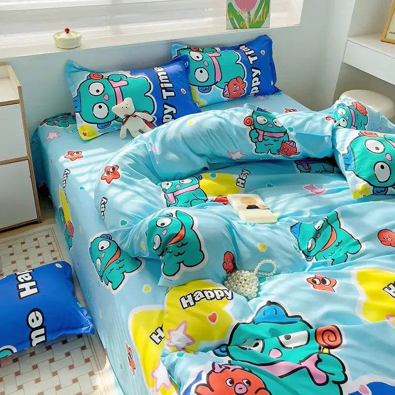 Sanrio Cotton Bedding Set Hello Kitty Pachacco Kuromi Sheet Duvet Cover Pillowcase King Queen Full Size Bedclothes Home