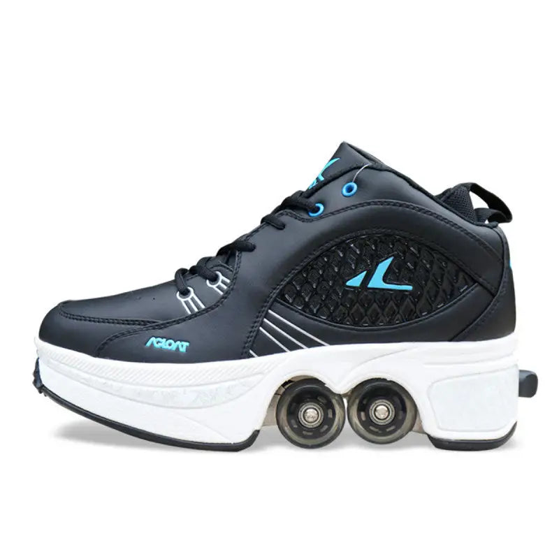 Single And Double Roller Skates For Boys And Girls Burst Walking With Wheels Student Deformed Shoes - Black / 31 - Boys