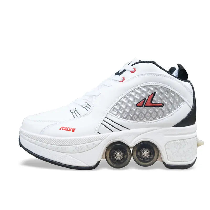 Single And Double Roller Skates For Boys And Girls Burst Walking With Wheels Student Deformed Shoes - White / 31 - Boys