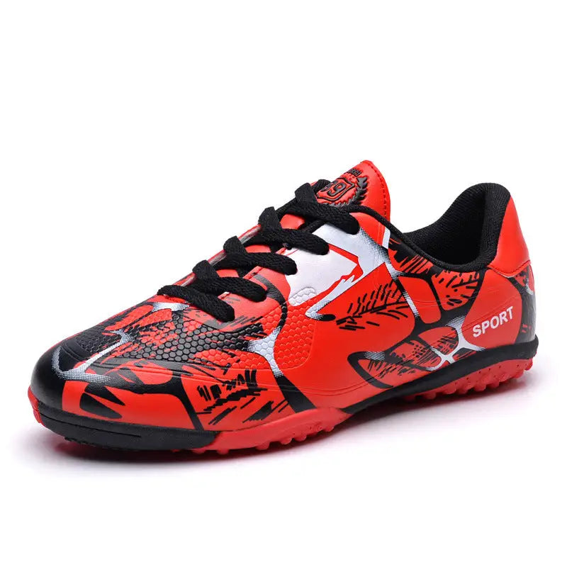 Soccer Shoes Low-top Leather Surface Rubber Nail Long Nail Broken Nail Flat Bottom Boys And Girls Teen Sneakers - Red