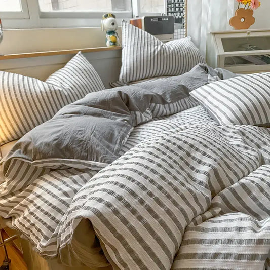 Stripe Bedding Set Duvet Cover Flat Sheet Pillowcase,Grey Fashion Bedclothes Full King 3/4Pcs Home Textile Drop Shipping